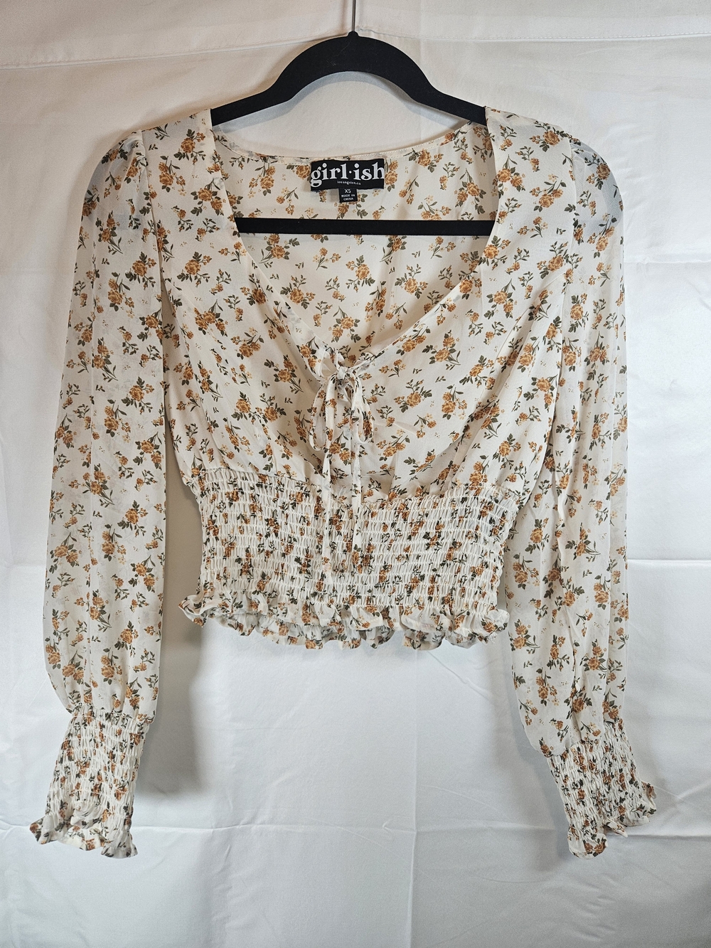 White Floral Tie-Front Smocked Peplum Blouse Cropped Fairycore Babydoll